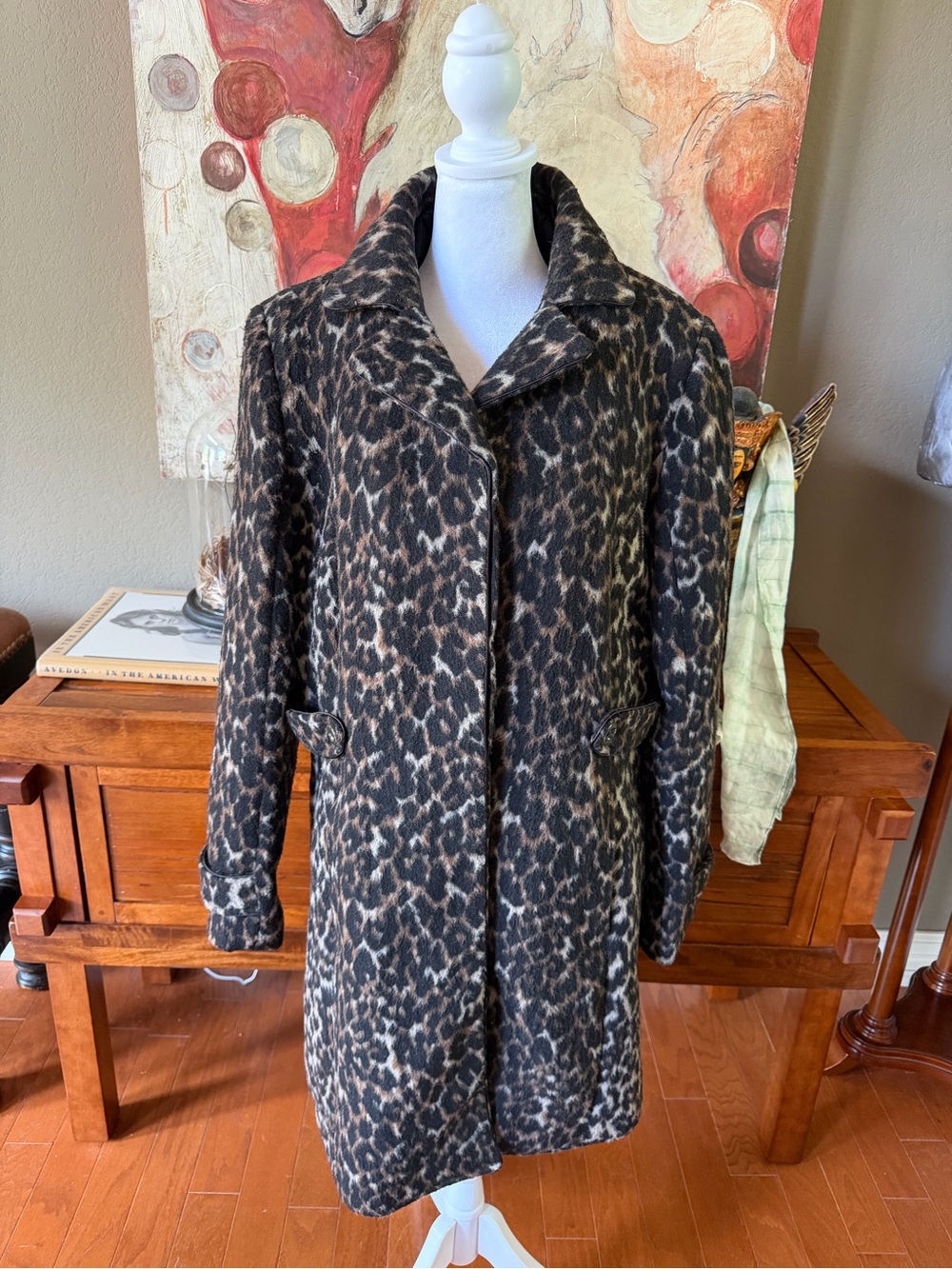 Merona Leopard Print Coat Faux Fur Collar Wool Blend Long Coat XL - Picture 4 of 8